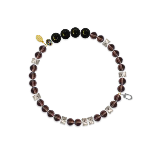 Balanced Clear Smoky Quartz & Silver Pave Kitten Harmony Bracelet – 8B9036